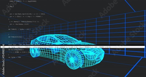 Glowing cyan wireframe sedan animating with scrolling code causing glitch bars showing debug flow