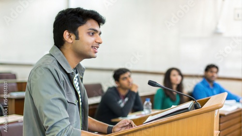 Indian student confidently presenting ideas at classroom podium
