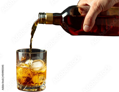 A hand pours a golden brown whiskey into a glass with ice.