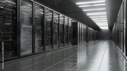 Modern data center corridor with hightech servers and reflective flooring