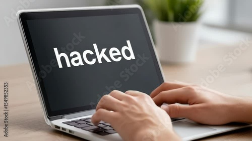 Digital security breach: hands typing alert on hacked laptop screen