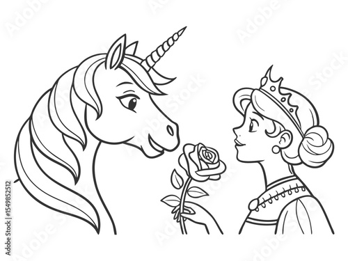Fairy tale black and white vector princess with unicorn and rose