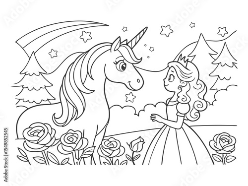 Fairy tale black and white vector princess with unicorn and rose