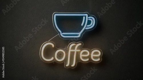 Neon coffee sign glowing animation: bright cup and text flickering in loop