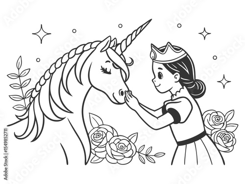 Fairy tale black and white vector princess with unicorn and rose