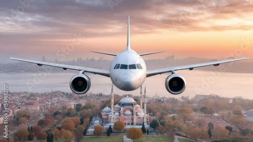 Airplane approaches city skyline against stunning sunrise over scenic urban landscape