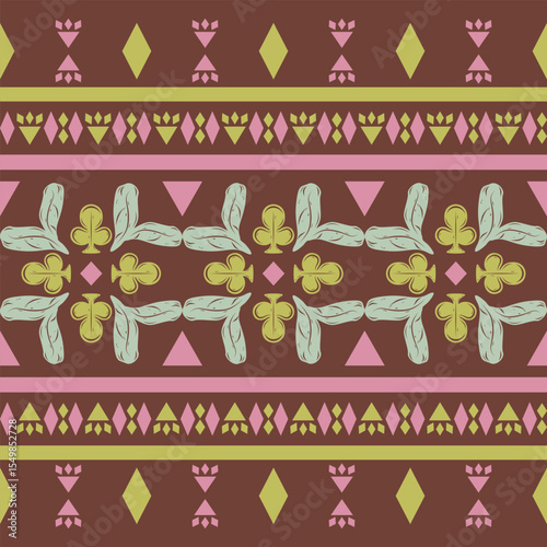 Geometric Traditional Motif Tribal Combine Fleur de lis Scroll Ornament Border Pattern with Embroidery Green Pink Mint on Dark Brown Background. Delicate Beautiful Ancient Boho Luxury Style Decoration