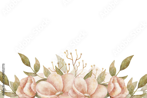 Frame watercolor pink flowers green leaves, illustration vintage peonies, roses hand drawn isolated background. Rectangular template for invitation holiday postcards packaging cosmetics dishes wedding