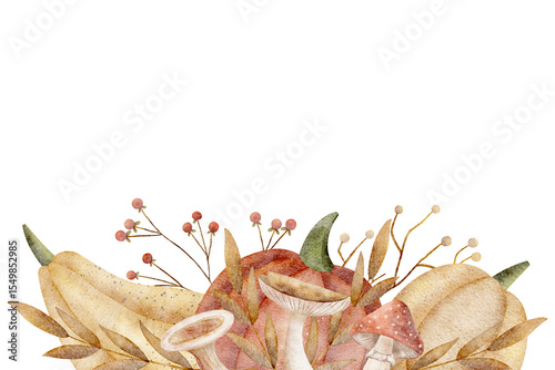 Watercolor red, yellow pumpkin leaves mushrooms berries. Frame hand drawn illustration of autumn harvest vegetables in retro. Composition for invitations, postcards, posters packaging, holidays dishes