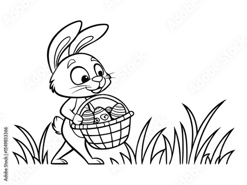 Easter bunny rabbit cartoon character holding a basket full of painted Easter eggs