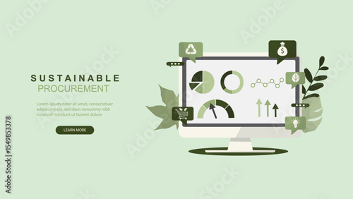 Sustainable Procurement Web Banner. sustainable procurement dashboard with computer monitor, analytics charts, recycling icons, and eco elements for business websites. Flat style. Vector illustration