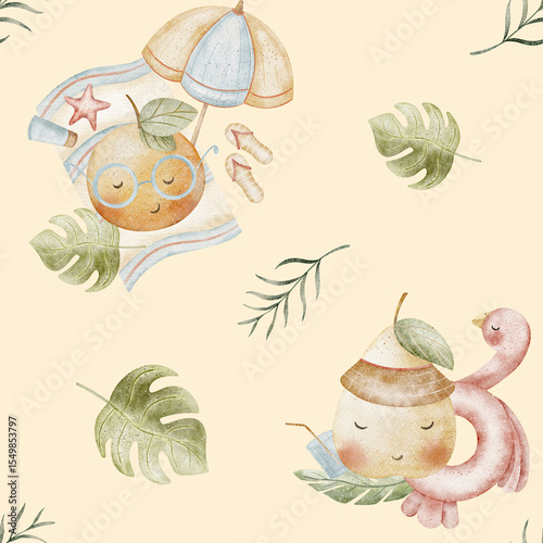Watercolor pattern funny fruits tangerine pear on beach flamingo tropical leaves. Seamless children's print. Illustrations hand drawn yellow background textiles, fabrics, packaging, clothes, cards