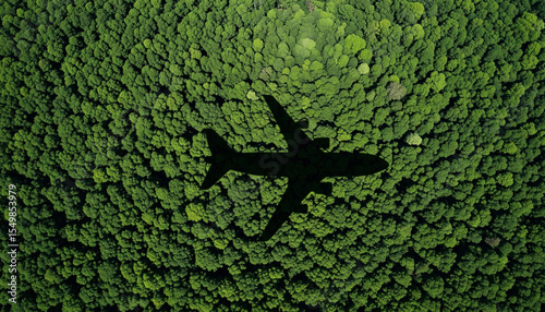 A Shadow airplane flying above green mangrove forest. Sustainable fuel. Use biofuel in aviation for sustainable transportation. Reduction carbon emissions. Eco-friendly flight. Aviation sustainability