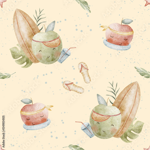 Pattern fruits apple surfboard inflatable circle monstera leaves palm. Seamless watercolor children's print. Illustrations hand drawn yellow background for design textiles fabrics clothes wallpapers
