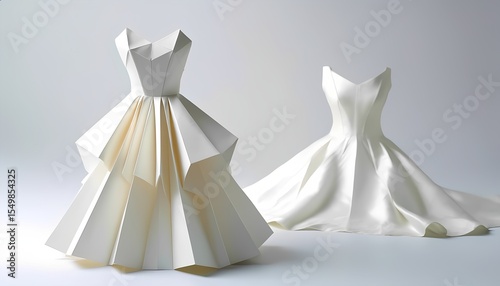 Elegant white origami dresses displaying artistic fashion design