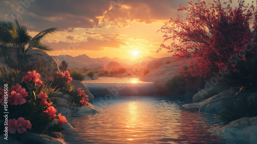 A tranquil stream winds through a desert oasis at dawn, surrounded by blooming flowers and birdsong. Soft golden light bathes the scene, evoking peace, renewal, and natural beauty.