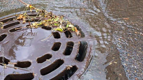 Rainwater pooling around storm drain with debris during early autumn in a quiet urban area
