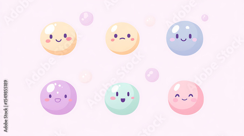 Cute animated pastel emotion icons with faces showing joy, mischief, and embarrassment in a modern flat style 
