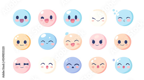 Cute animated pastel emotion icons with faces showing joy, mischief, and embarrassment in a modern flat style 
