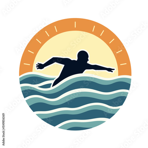 Swimming badge with silhouette athlete swimming freestyle against sunrise. Ideal for summer swim clubs and sport identity