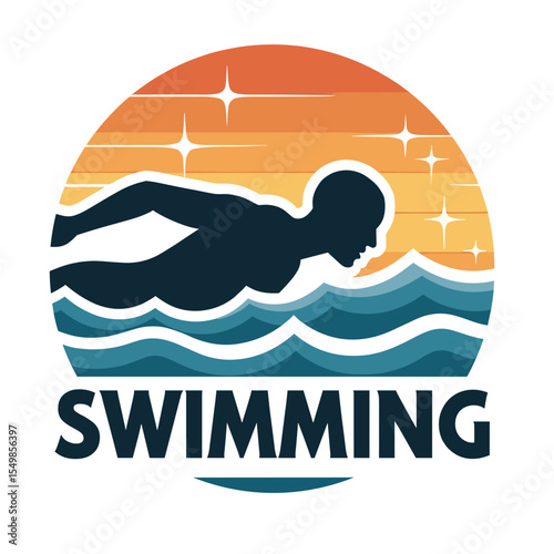 Stylized swimming logo with swimmer silhouette and sparkling sunset background. Great for sports graphics, swim club identity, and water events