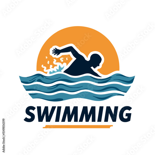 Swimming logo with swimmer silhouette in front crawl and sun in background. Ideal for aquatic sports branding and summer event visuals
