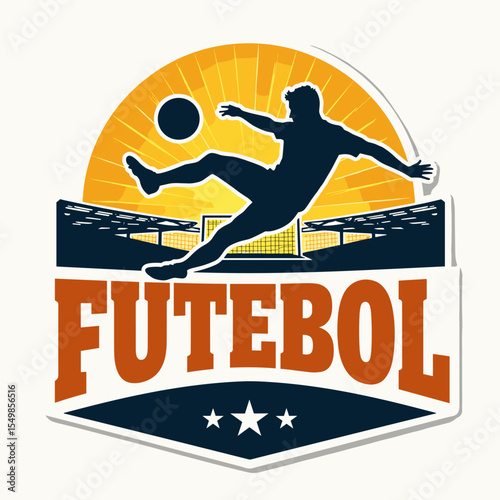 Vintage futebol logo with dramatic bicycle kick silhouette at sunset stadium. Great for football event design and retro sports emblems