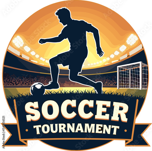 Soccer tournament logo with player silhouette controlling the ball at a glowing stadium. Ideal for sports branding and match event visuals