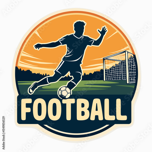 Modern football badge with silhouette player running with ball at sunset stadium. Great for soccer branding, posters, and sports illustrations