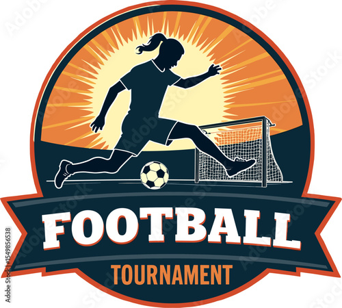 Football tournament logo with female player silhouette kicking the ball at bright stadium. Perfect for women’s soccer events and sports branding