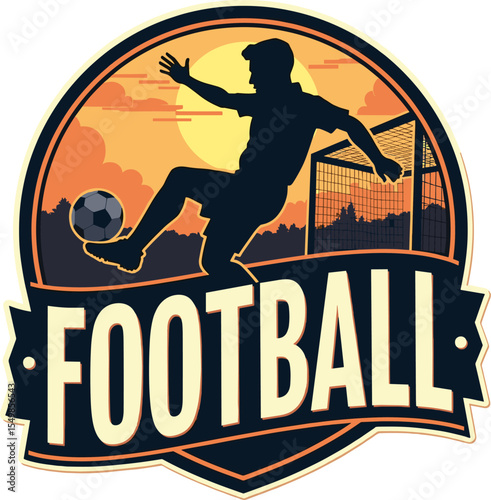 Vintage football badge with player silhouette balancing the ball at sunset field. Great for sports posters and retro soccer design