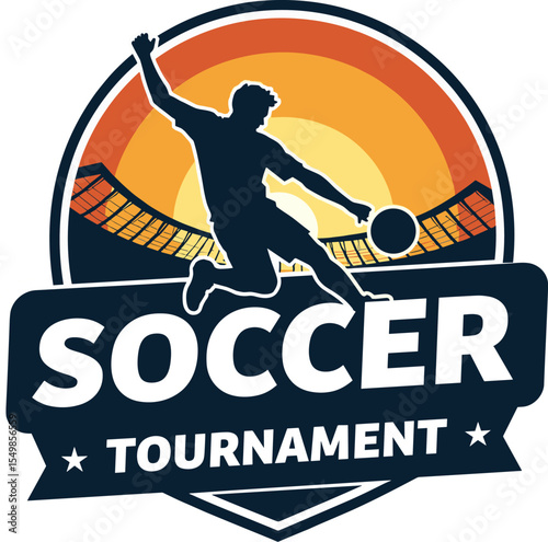 Dynamic soccer tournament badge with player silhouette jumping to kick the ball at sunset stadium. Great for sports branding and event design