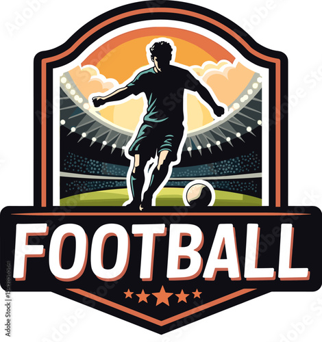 Modern football shield with player silhouette in stadium and ball at feet. Perfect for soccer competition branding and athletic event promotions