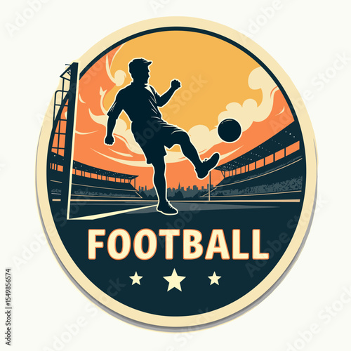 Vintage football emblem with silhouette player controlling the ball. Ideal for sports tournaments, soccer identity, and retro graphic elements