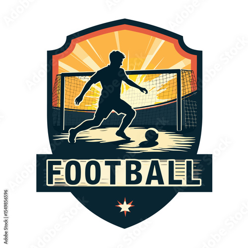 Football badge with silhouette of a player shooting at goal in vintage style. Great for soccer posters, competition branding, and sports labels