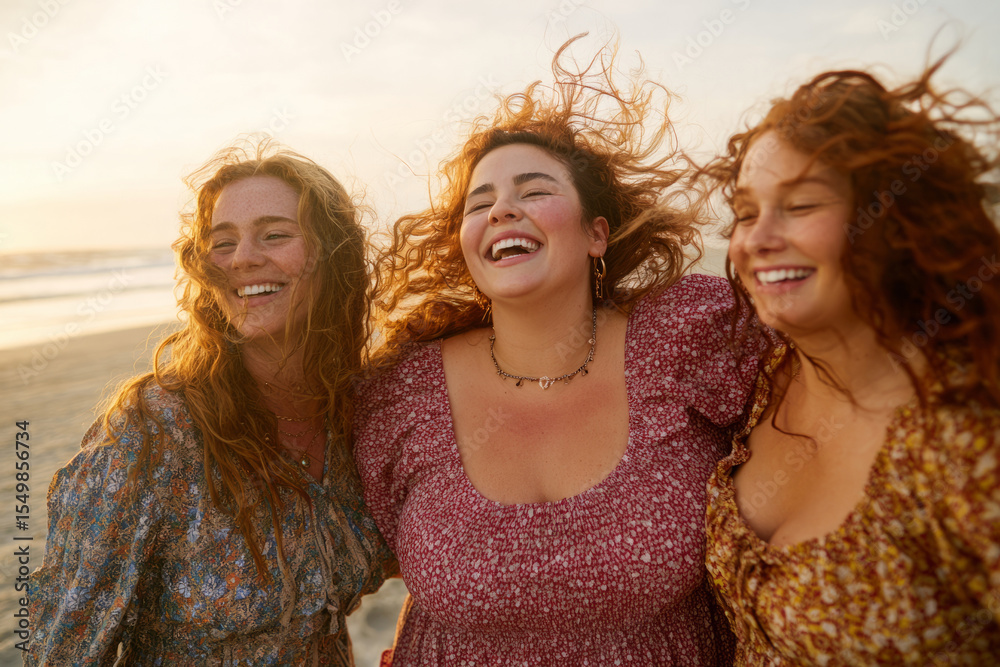 Fototapeta premium Happy plus size women laughing together on beach at sunset