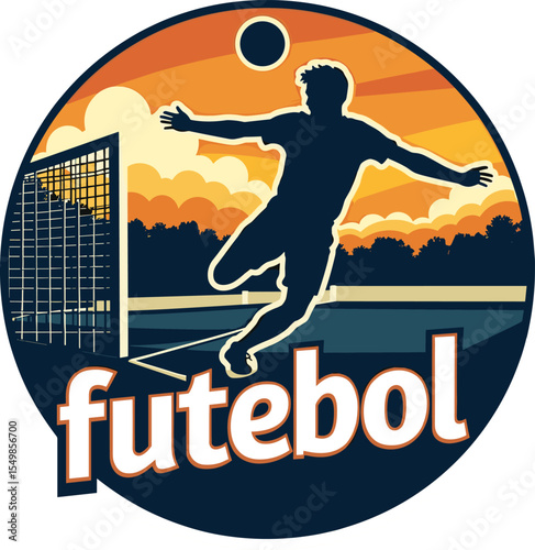 Vector badge of a football player jumping and striking in front of goal at sunset, with stadium background and “futebol” text