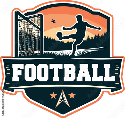 Vector badge of a football player kicking the ball toward goal at sunset, with bold “Football” typography and stadium background
