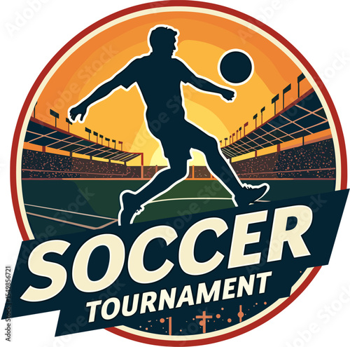 Vector illustration of a soccer player striking the ball in stadium with “Soccer Tournament” text and vibrant orange sunset