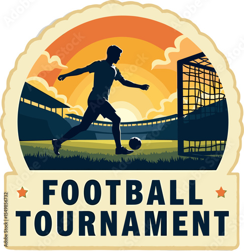 Vector illustration of a football player about to shoot inside a stadium during sunset, with “Football Tournament” text in bold