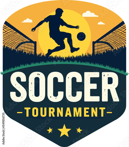Vector badge of a soccer player jumping mid-air to control the ball between two goals, with sunset and “Soccer Tournament” typography