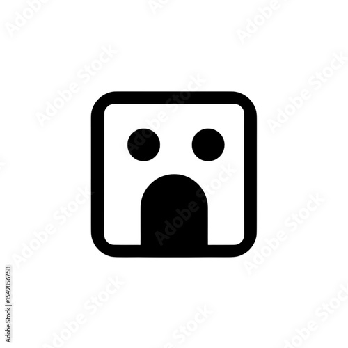 Minimal black square logo with rounded corners, featuring two black dots at the top and a large black arch at the bottom, forming a surprised or shocked face. Clean, bold, and playful—perfect for emoj