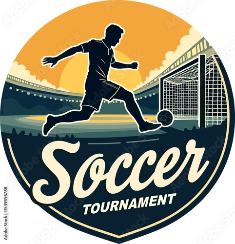 Vector badge of a soccer player kicking the ball toward the goal in a stadium at sunset, with “Soccer Tournament” text