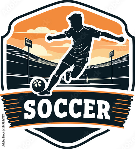 Vector soccer badge with player controlling the ball in a stadium at sunset, with bold “Soccer” typography and classic shield shape