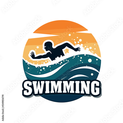 Vector illustration of a swimmer performing crawl stroke in stylized waves with sun background and bold “Swimming” text
