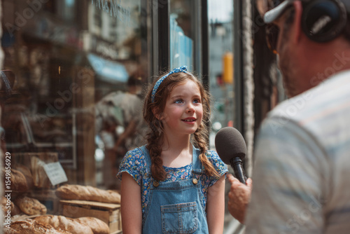 Young girl giving street interview near local bakery