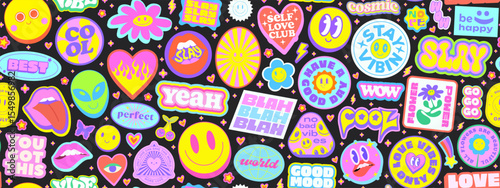 Cool Y2k Stickers Collage Seamless Pattern Vector Design. Trendy Pop Art Groovy Funny Patches Illustration. Comic Girl  Cute Badges Background.