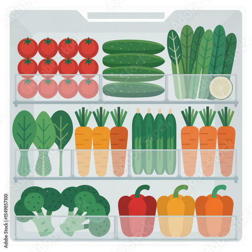 Vector illustration of an open fridge filled with colorful vegetables like carrots, broccoli, cucumbers, tomatoes, and peppers.