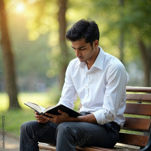 Young Man in White Shirt Reading Book on Park Bench, Serene Outdoors, Peaceful Mood