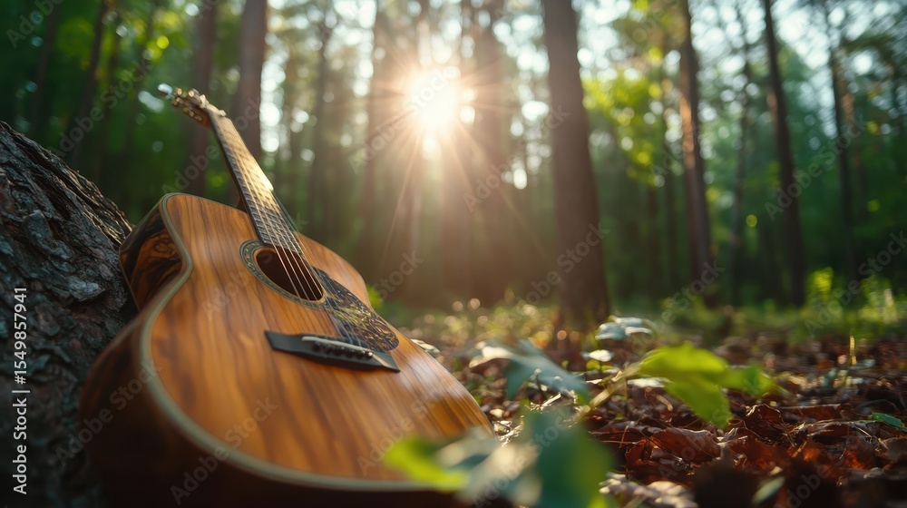 Obraz premium An acoustic guitar is positioned against a tree trunk in a sunlit forest, symbolizing a moment of peace and creativity, inviting the viewer to explore music in nature's embrace.